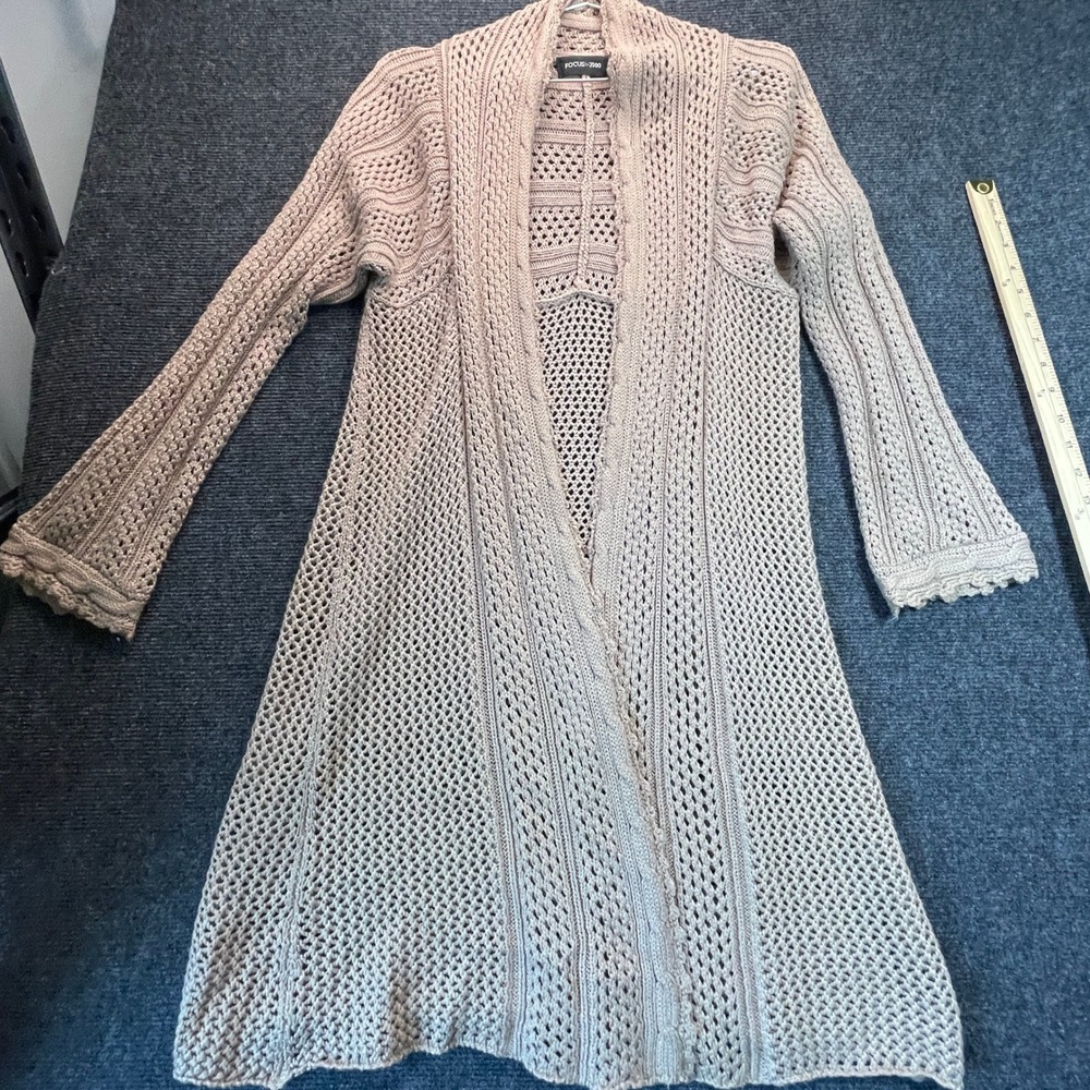 Focus 2000 Duster Cardigan Women L Tan Open Knit Boho Coastal Longline Sweater